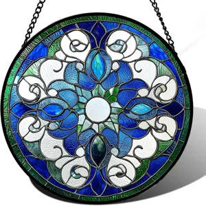 Stained glass style blue and green circular hanging suncatcher detail view decoration.