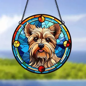 Stained glass style Yorkshire Terrier acrylic hanging pendant round wall decor window ornament