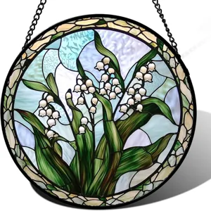 Exquisite stained glass Lily of the Valley hanging suncatcher window detail display.