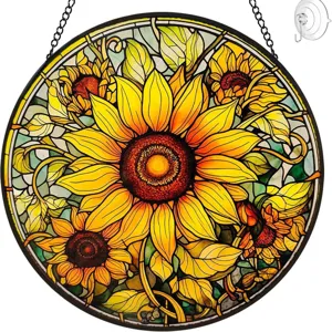 Stained glass style sunflower acrylic window hanging suncatcher with chain and suction hook.