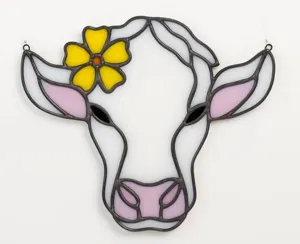 Stained glass cow window hanging suncatcher with yellow flower, exquisite home decor.