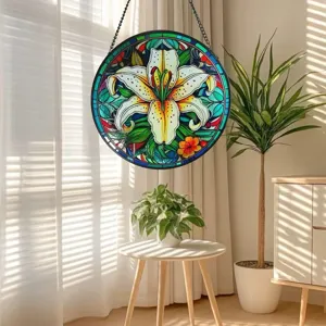 Detailed view of a round stained glass lily hanging suncatcher, vibrant window decor panel.