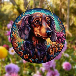 Acrylic dachshund hanging sign colorful dog wall art decoration round pendant for home decor