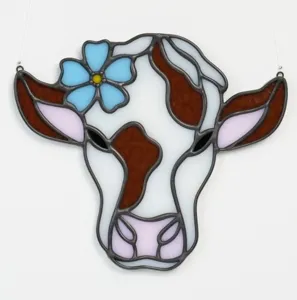 Stained glass cow window hanging suncatcher with blue flower cute animal decor for home