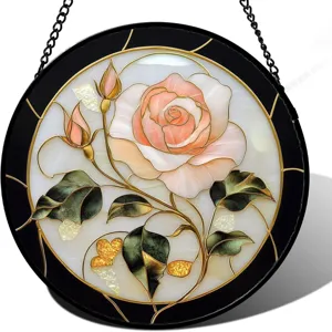 Close-up detail of a round acrylic stained glass rose hanging window suncatcher decor.