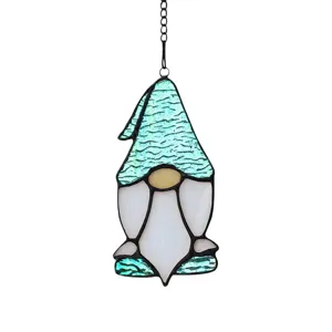 Stained glass gnome suncatcher window hanging decor with teal textured hat and chain
