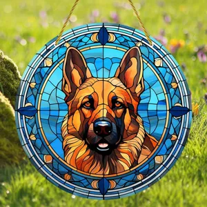German shepherd stained glass hanging acrylic round plaque window wall art decoration