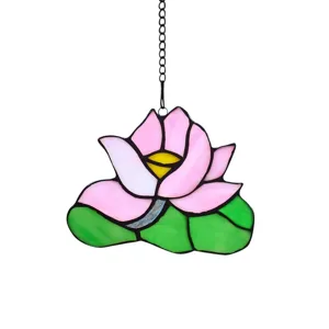 Stained glass lotus window hanging with metal chain, vibrant pink and green suncatcher detail