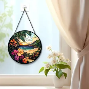 Stained glass window hanging suncatcher tropical beach sunset art panel home decor for window wall