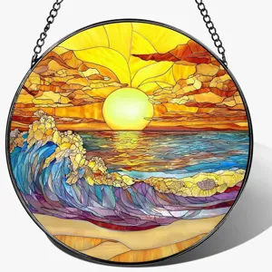 Acrylic stained glass suncatcher sunset ocean wave hanging home garden decor pendant