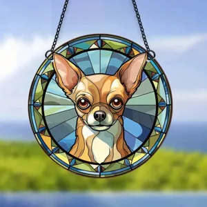 Acrylic Chihuahua dog hanging ornament stained glass style wall decor round pendant 01