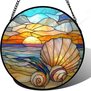 Detailed view of circular stained glass style sunset beach hanging suncatcher ornament.