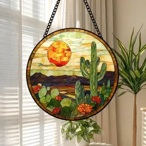 Round stained glass window hanging suncatcher desert cactus sunset home decor panel light