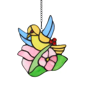 Colorful stained glass hummingbird suncatcher window hanging acrylic decor bird ornament.