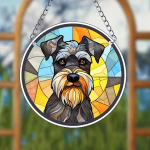 Acrylic stained glass schnauzer dog hanging ornament detailed close-up wall decor piece.