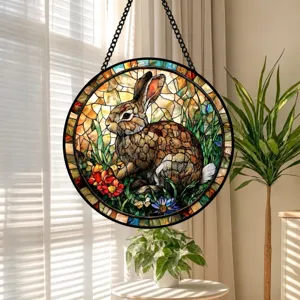 Stained glass rabbit window hanging suncatcher round decorative panel for home decor gift.