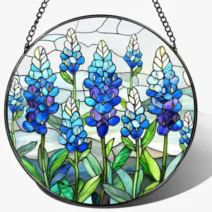Stained glass style blue flower suncatcher window hanging acrylic decor with chain.