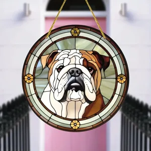 Stained glass bulldog acrylic hanging ornament, round wall decor for home, window, and garden.