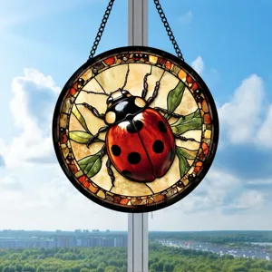 Stained glass ladybug suncatcher hanging panel window decoration with metal chain for home.