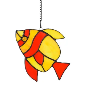 Colorful stained glass fish window hanging suncatcher with metal chain for home wall decor.