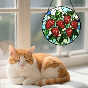 Stained glass window hanging decoration, beautiful strawberry suncatcher panel for home.