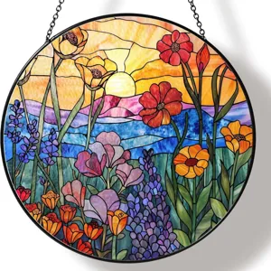 Stained glass floral sunset suncatcher detail with vibrant colors and metal hanging chain.