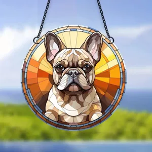 Acrylic French bulldog stained glass hanging ornament round wall decor window panel detail