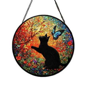 Stained glass window hanging with black cat and blue butterfly suncatcher decor