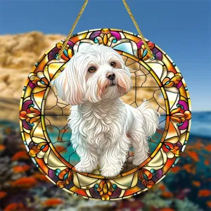 Acrylic stained glass white dog hanging ornament, colorful cute puppy wall decor for home.