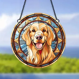 Detailed close-up of a vibrant stained glass style Golden Retriever acrylic hanging wall decor ornament.