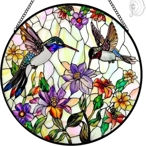 Stained glass hummingbirds suncatcher window hanging acrylic floral decor for home garden