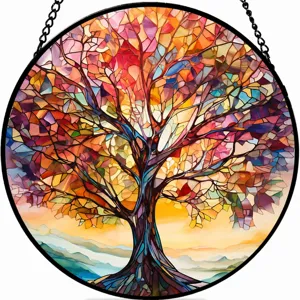 Colorful tree acrylic suncatcher hanging ornament, vibrant stained glass home garden decor.