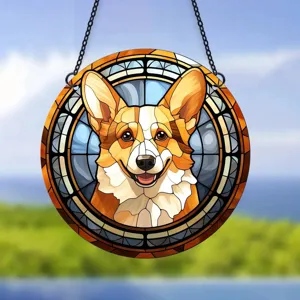 Stained glass style acrylic Corgi dog hanging ornament circular wall decoration for home