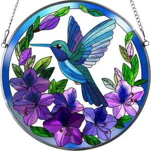 Detailed view of the stained glass hummingbird acrylic suncatcher with vibrant purple flowers.