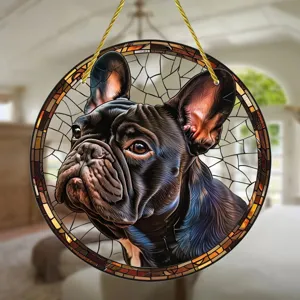 French Bulldog stained glass effect hanging ornament acrylic round wall decor for home