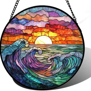 Stained acrylic sunset ocean wave hanging suncatcher detail, home and garden decor ornament