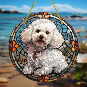 Acrylic dog hanging ornament stained glass cute puppy round wall decor pendant for home