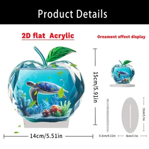2D flat acrylic sea turtle apple ornament with stand, home desktop decor 15x14cm