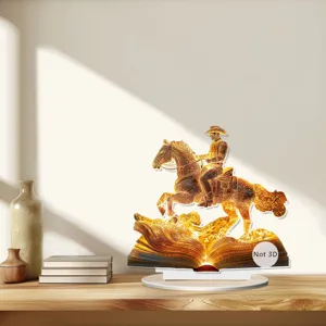 Detailed scene view of the flat acrylic cowboy horse night light displayed on wooden desk.