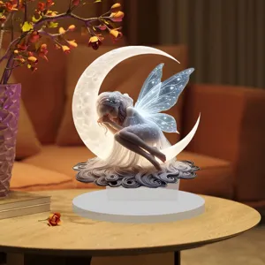Close up of acrylic fairy moon ornament, delicate bedroom desktop decor, warm lighting.