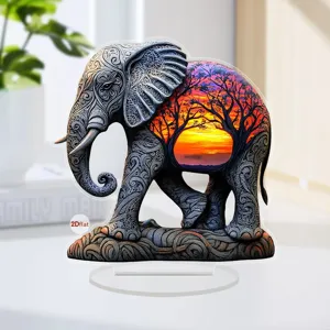 Acryl olifant zonsondergang bureel ornament, 2D plat decoratief stuk voor slaapkamer vakantie.