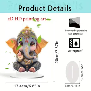 Leuke Ganesha 2D acryl ornament detailweergave met afmetingen en waterdichte instructies.