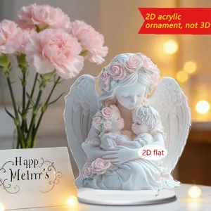 Detailed close-up view of the decorative acrylic angel mother ornament with pink roses.