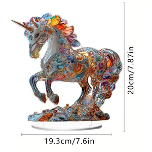 Colorful acrylic unicorn tabletop ornament with crystal details, 2D decorative display piece.