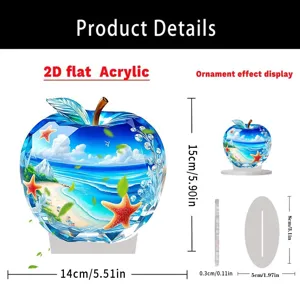 2D flat acrylic apple ornament with beach scenery, artistic desktop decoration for home office