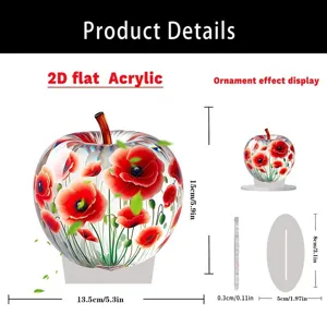 Detailed view of 2D flat acrylic apple ornament with red poppy flowers and clear size specs.