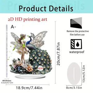 2D acrylic fairy and peacock ornament, waterproof desk decor, 20cm height with stable base.