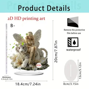 Detailed view of the enchanting angel and white tiger acrylic desktop ornament for home decor.