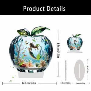 2D flat acrylic crystal apple mermaid ornament with base, clear underwater coral decor display.