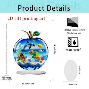 2D acrylic crystal apple ornament with ocean marine life design, perfect for room decor.